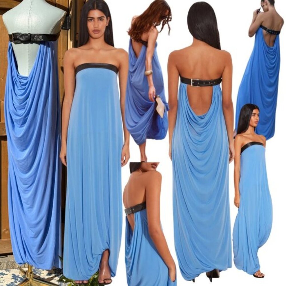 🆕 RAT & BOA 🧿 NWOT Antonie Blue Draped Maxi Dress with Leather Belt, Sz S / M